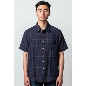 Saturdays New York City Navy Maroon Large Plaid Button Down Camp Shirt - S